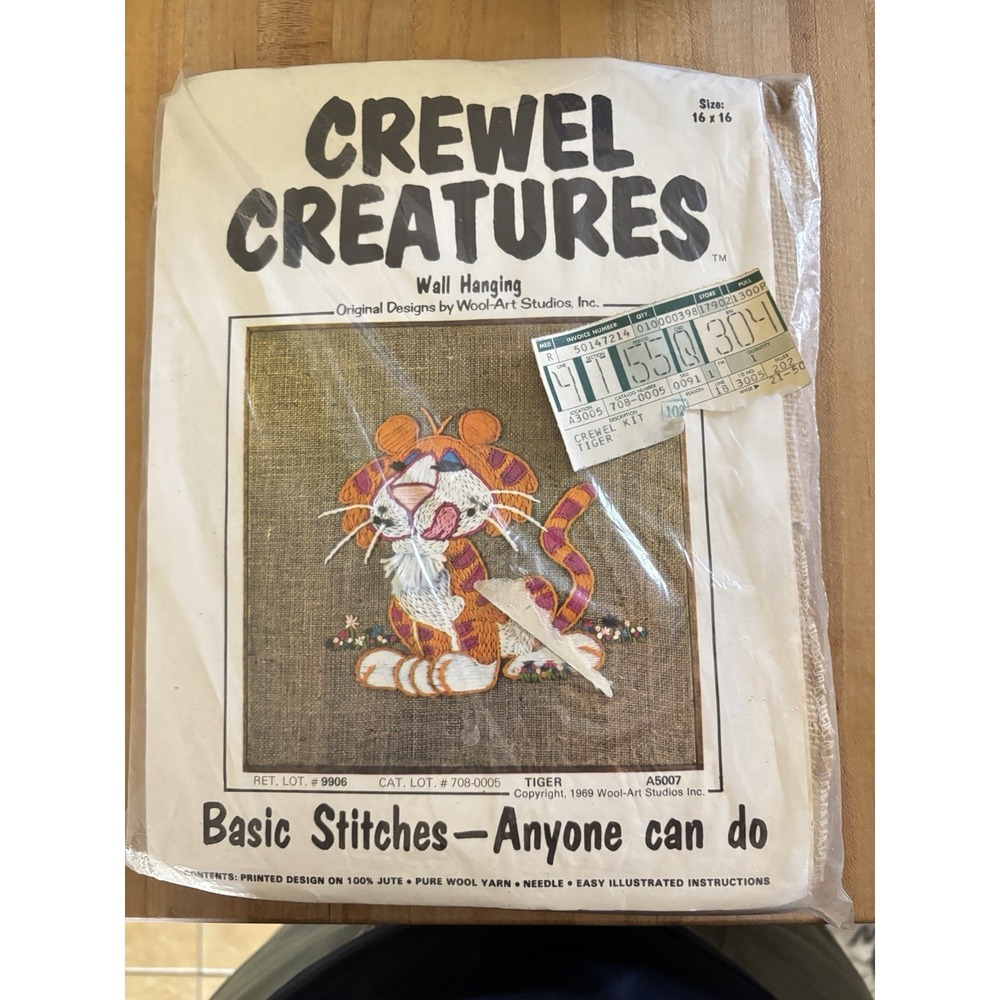 Vintage Crewel Creatures Tiger Wool Art Studios Wall Hanging A5007 Unopened 1969